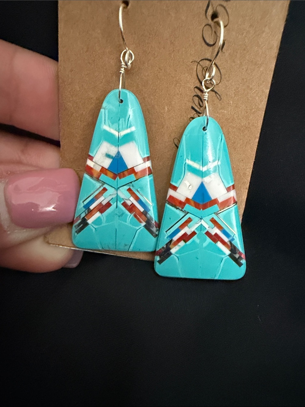 Native Sterling Silver Turquoise Geometric Drop Earrings - Women Jewelry